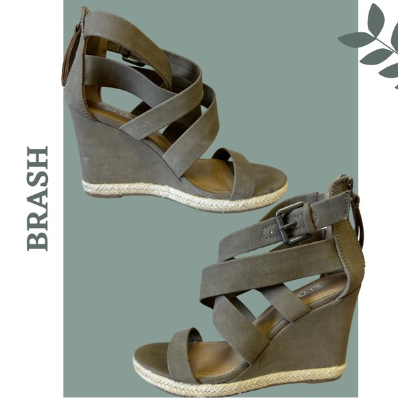 Brash Open Toe Wedge Heel Sandal Straps Espadrille Taupe Brown Size 8 - Picture 1 of 8